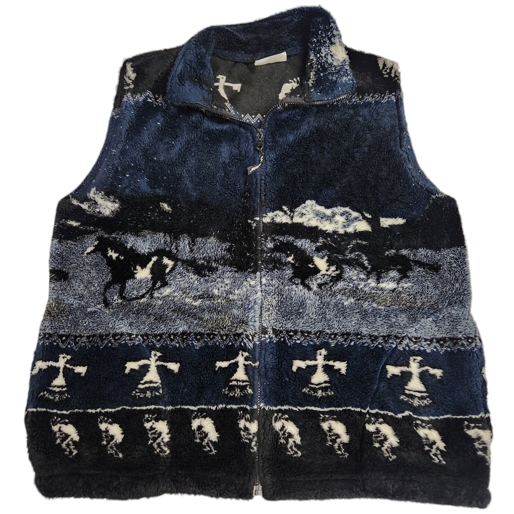 Vintage Black Mountain Outdoors Fleece Vest Horses Kokopelli Zip Up Womens XL